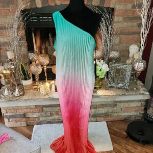 Nicole by Nicole Miller Blue, Pink,  and Green Asymmetrical Ruffled Sheath Dress